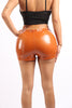 Ruched latex low rise micro mini shorts