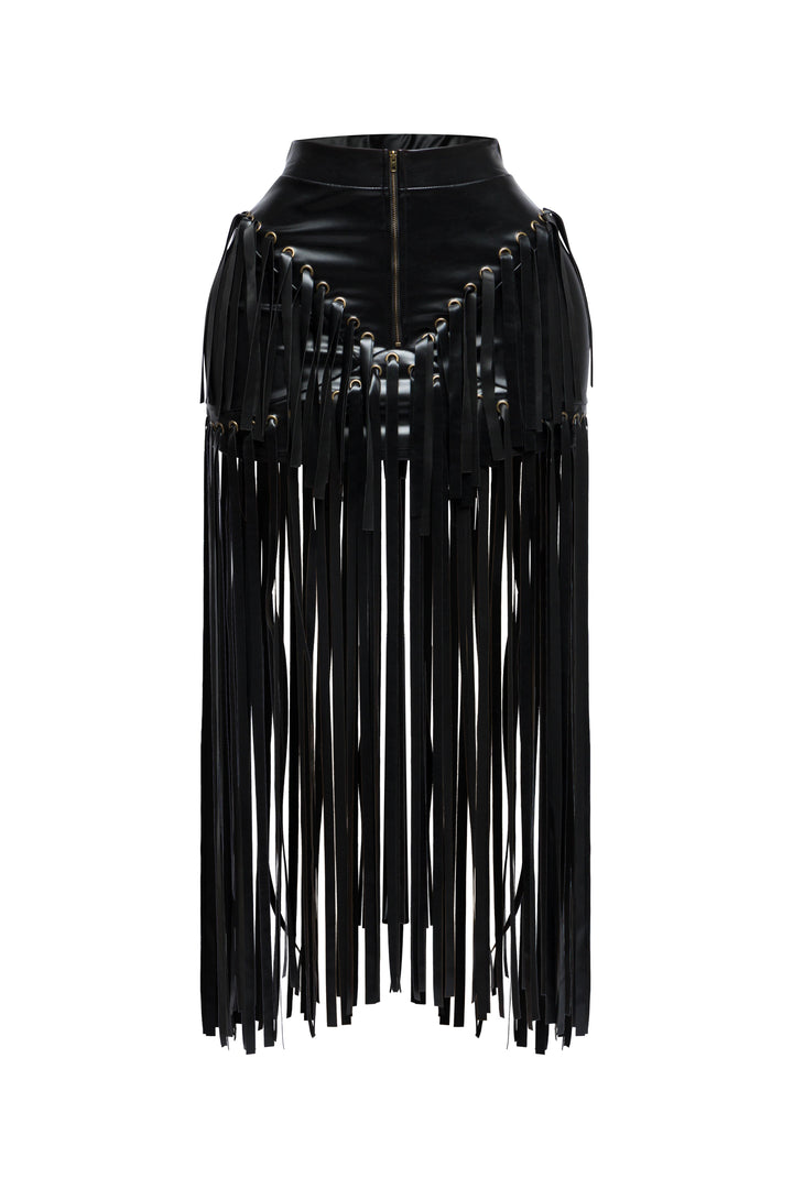 Faux leather fringed skirt
