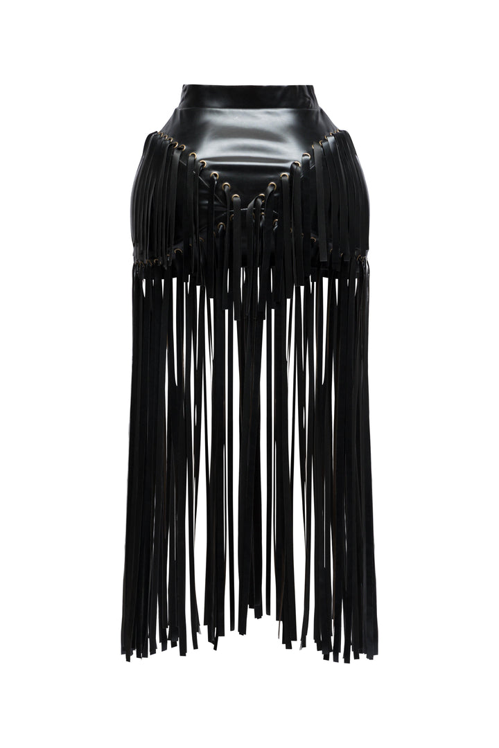 Faux leather fringed skirt