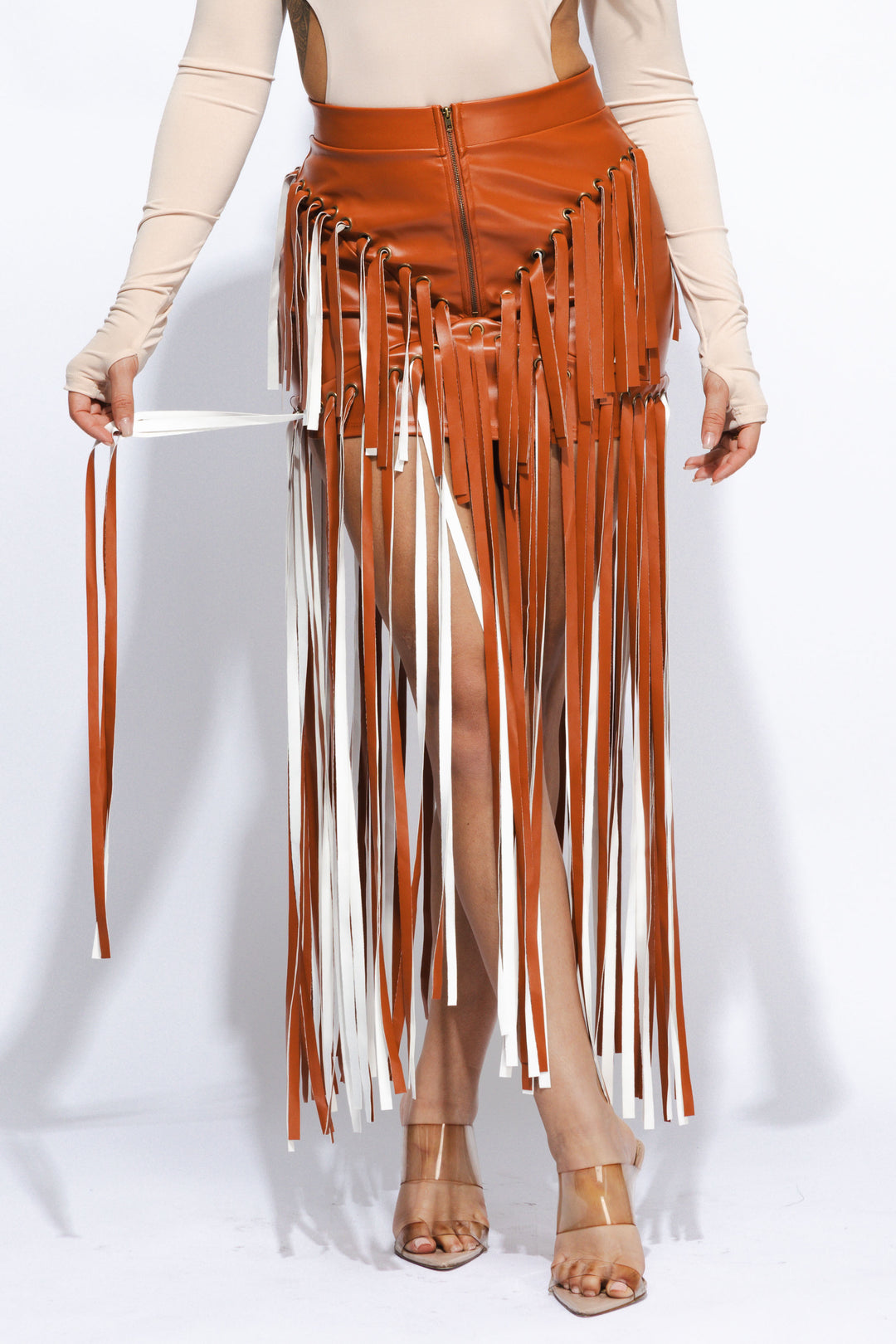 Faux leather fringed skirt