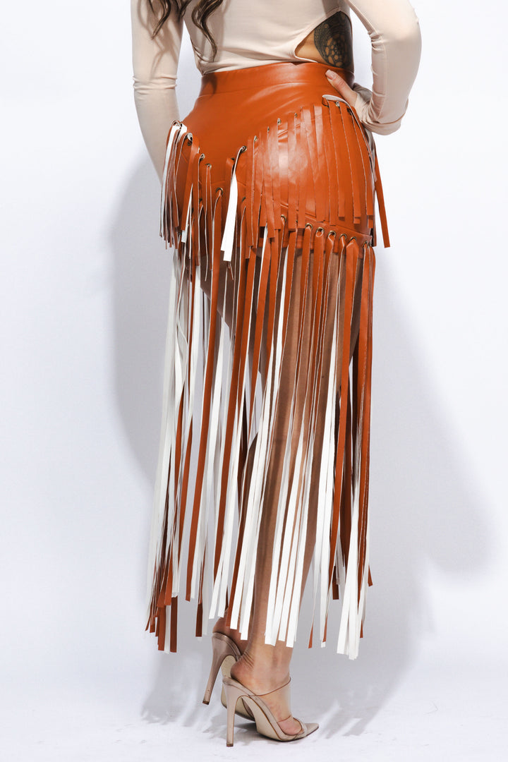 Faux leather fringed skirt