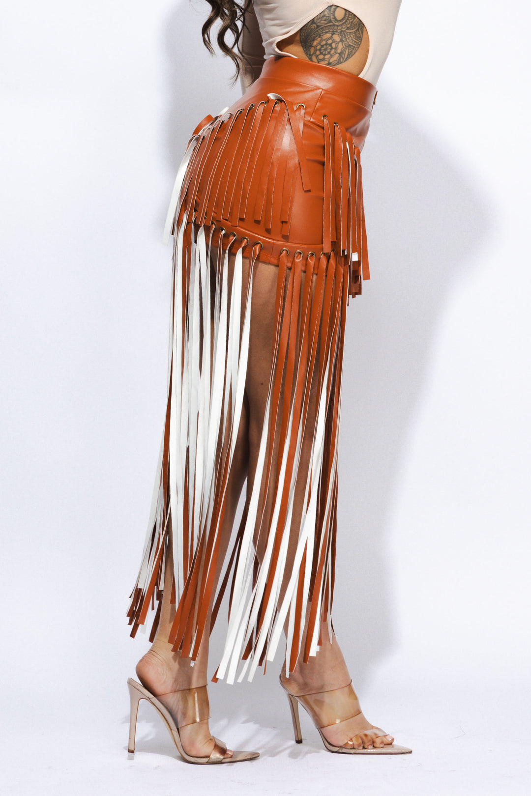 Faux leather fringed skirt