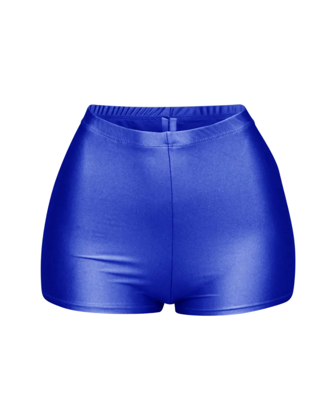 A pair of high-waisted blue nylon shorts