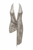 Silver metallic dress with a draped front on a white background