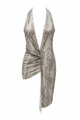 Silver metallic dress with a draped front on a white background