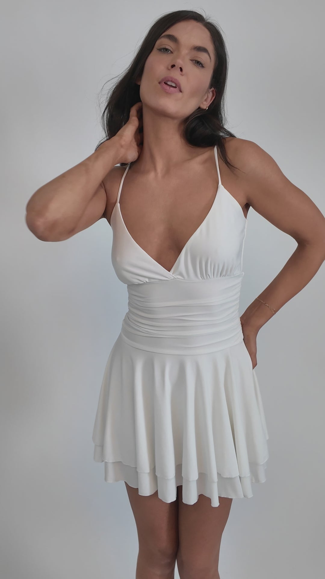 Shirring detailed halter layered ruffle dress