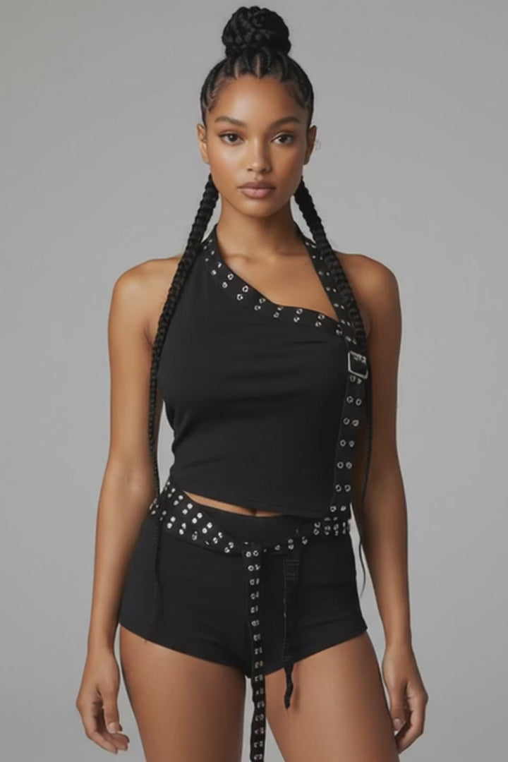 Admit One Studded Halter Short Set
