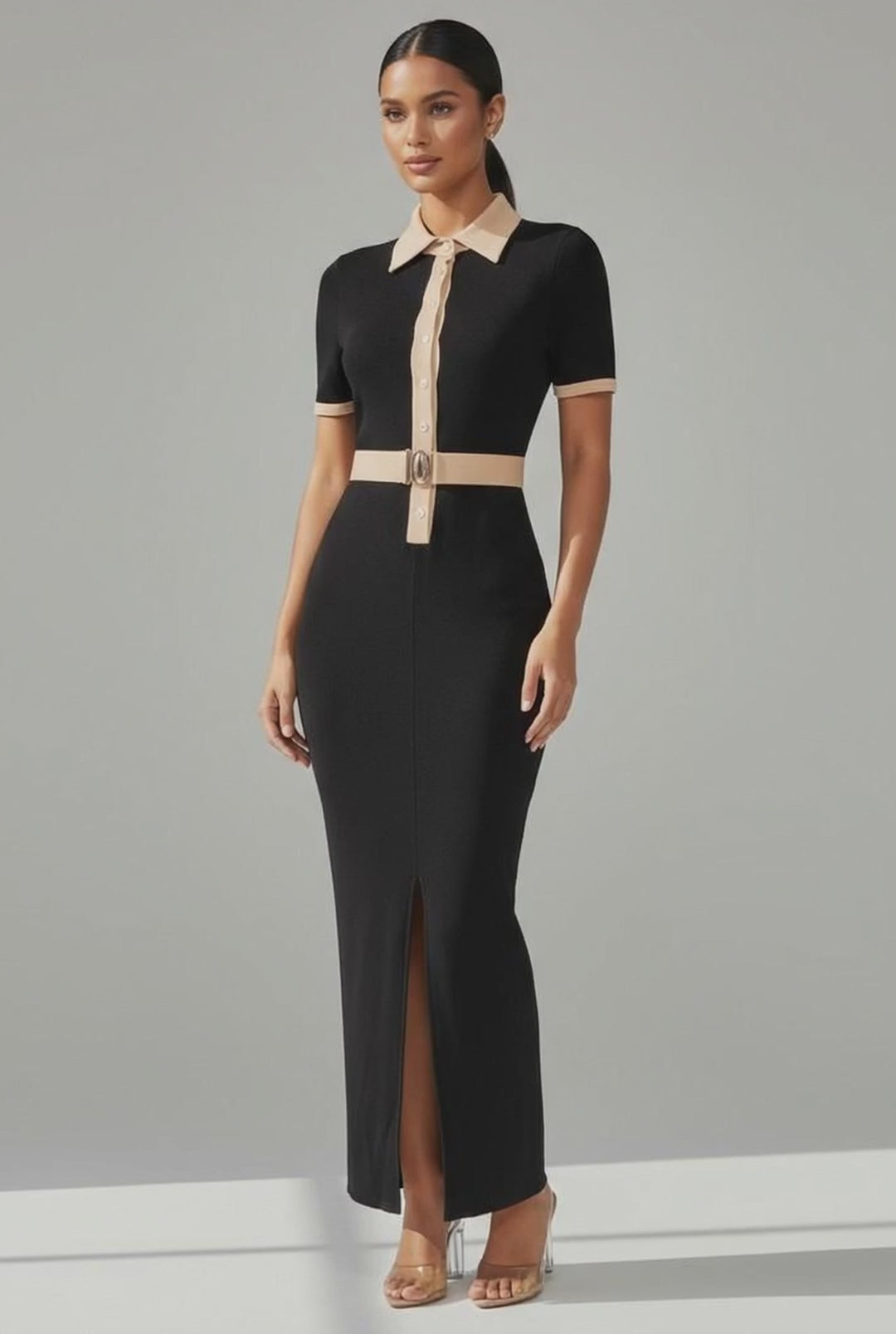 Collared Neck Button Down Maxi Dress with Front Slit