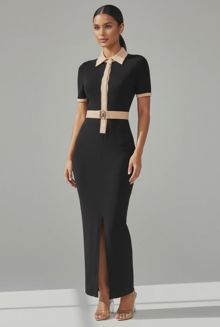 Collared Neck Button Down Maxi Dress with Front Slit