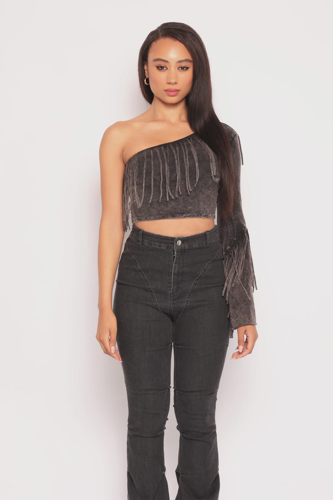 One shoulder fringe top