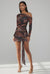Animal print one shoulder mini skirt set front view with long sleeve crop top and draped side tie