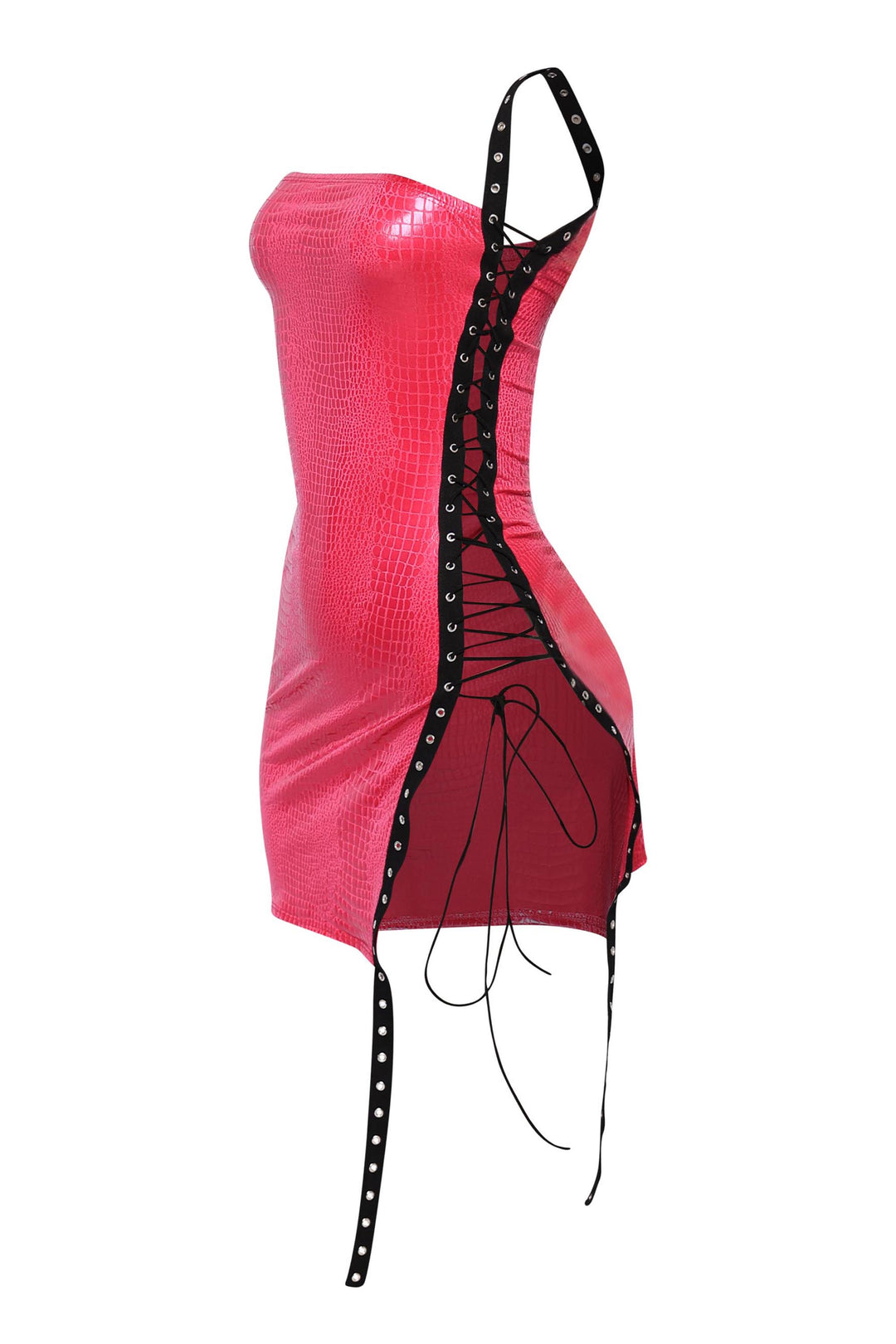 Stretch pink mini dress with bold side grommet lacing and body-hugging shape


