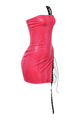 Pink faux leather party dress with cutout lace-up detail and glossy texture

