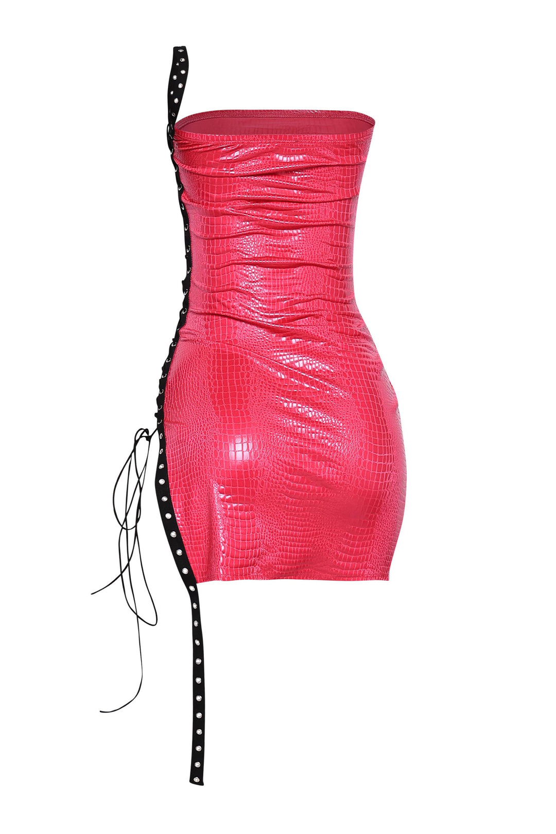 Sleeveless hot pink mini dress with crocodile texture and corset-style side tie


