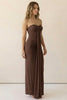 Soft drape brown strapless maxi dress with gathered bust and flowy front panel; flattering on waist with easy pull-on fit