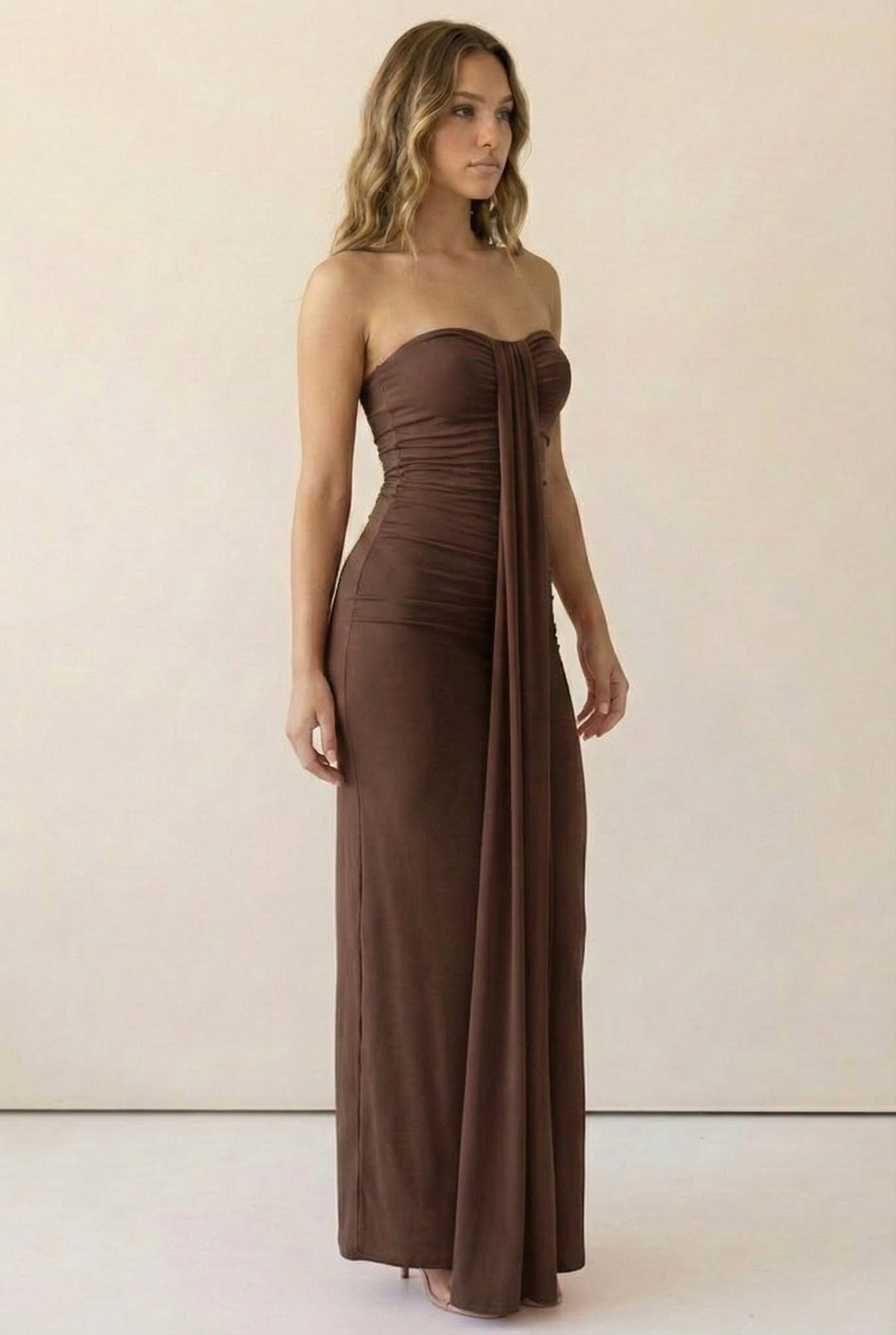 Soft drape brown strapless maxi dress with gathered bust and flowy front panel; flattering on waist with easy pull-on fit
