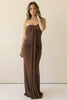 Brown ruched maxi dress with side ruching and pull-on strapless neckline; stretch fabric flatters waist and hips for effortless movement