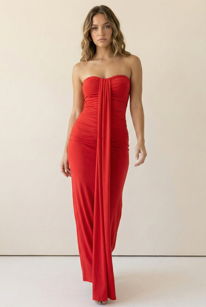 Red strapless maxi dress with soft front drape and ruched bodice in stretch fabric
