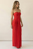Body-contouring red maxi dress with side ruching and pull-on strapless neckline; form-fitting silhouette trending in night-out outfits