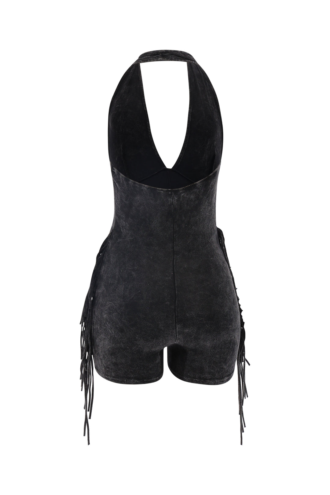 Slim fit black romper with mineral wash and fringe sides