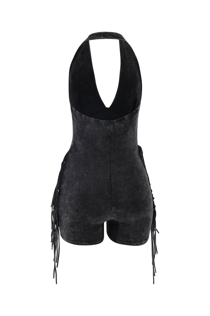 Slim fit black romper with mineral wash and fringe sides