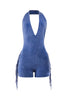 Blue mineral washed halter romper with side fringe