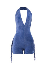 Blue mineral washed halter romper with side fringe