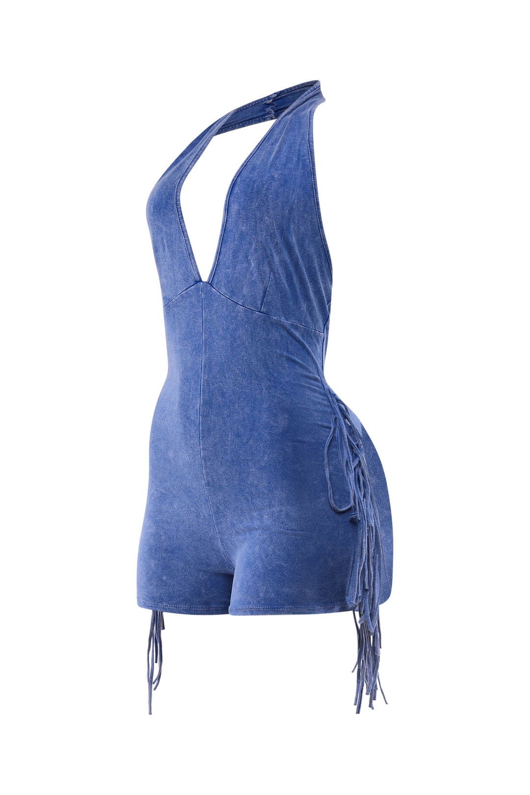 Blue cotton-spandex halter romper with festival style design