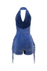 Slim fit blue romper with mineral wash and fringe sides