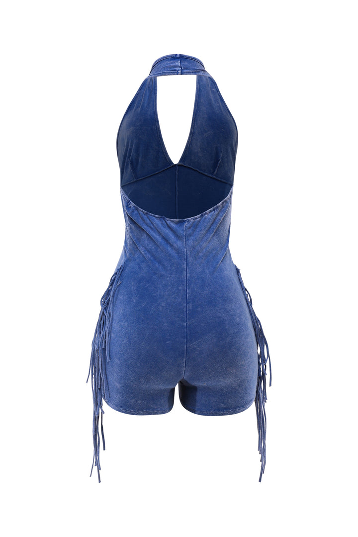 Slim fit blue romper with mineral wash and fringe sides