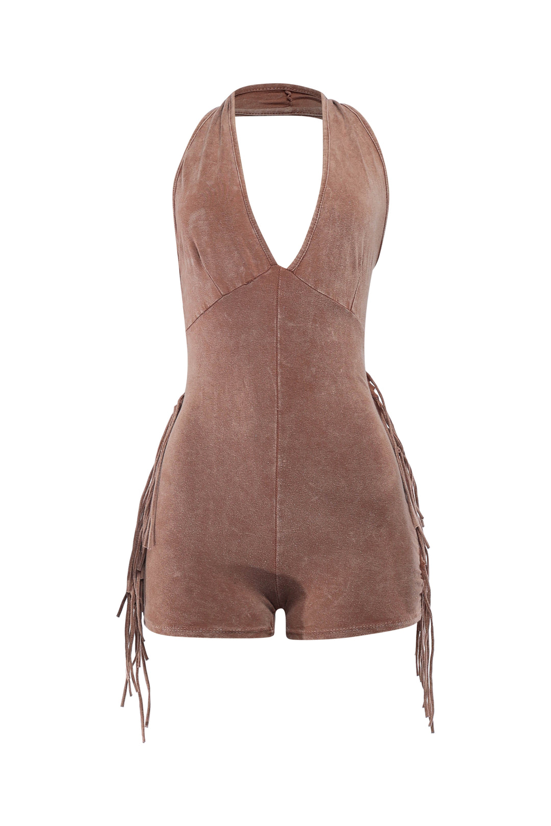 Taupe mineral washed halter romper with side fringe