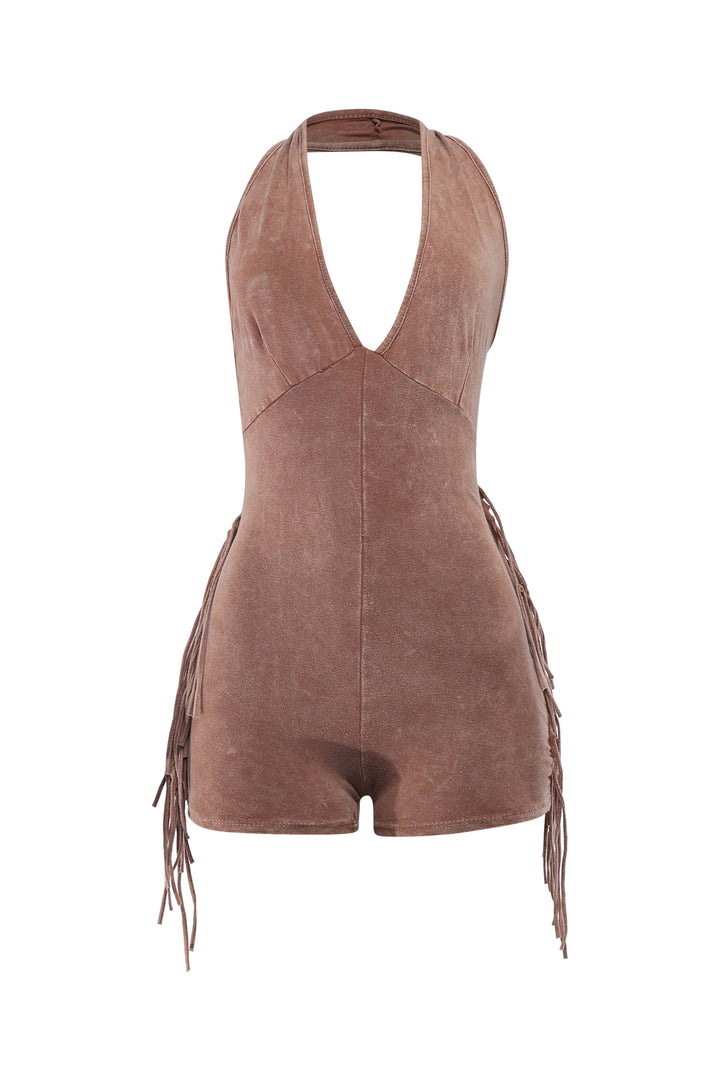 Taupe mineral washed halter romper with side fringe