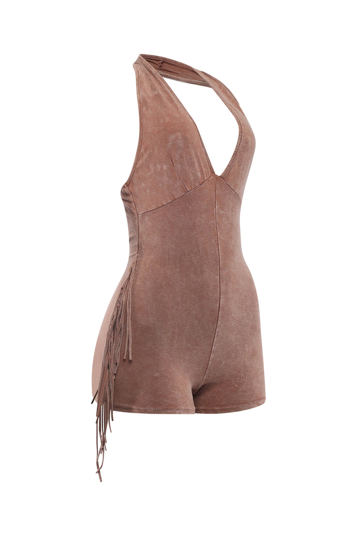 Taupe halter romper featuring open back and fringe detail