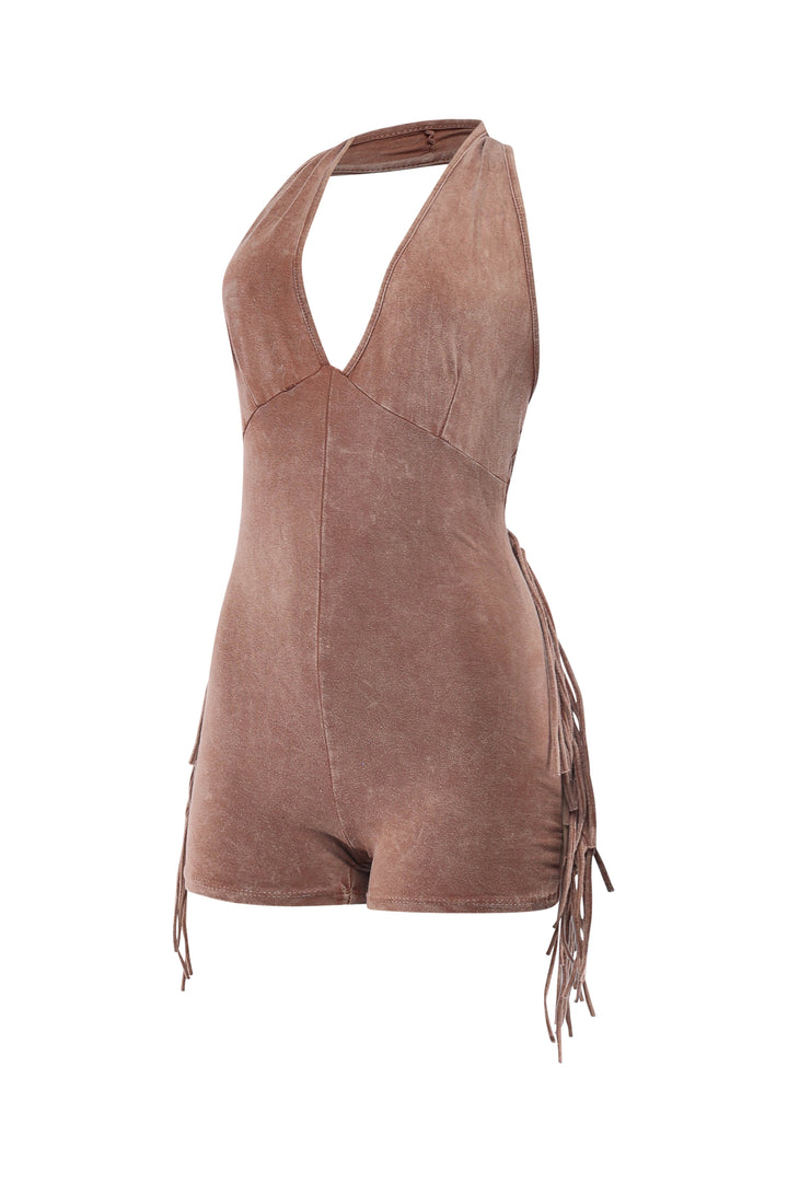 Taupe festival romper with halter neckline and unique wash