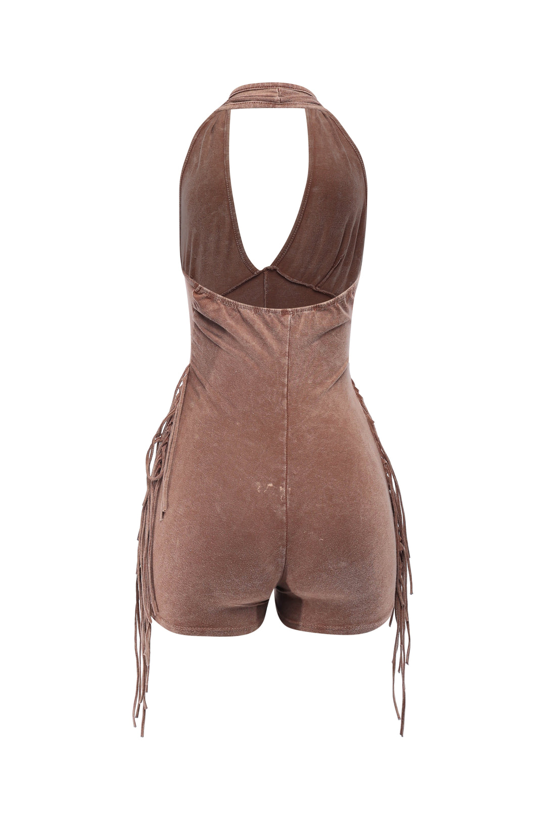 Slim fit taupe romper with mineral wash and fringe sides