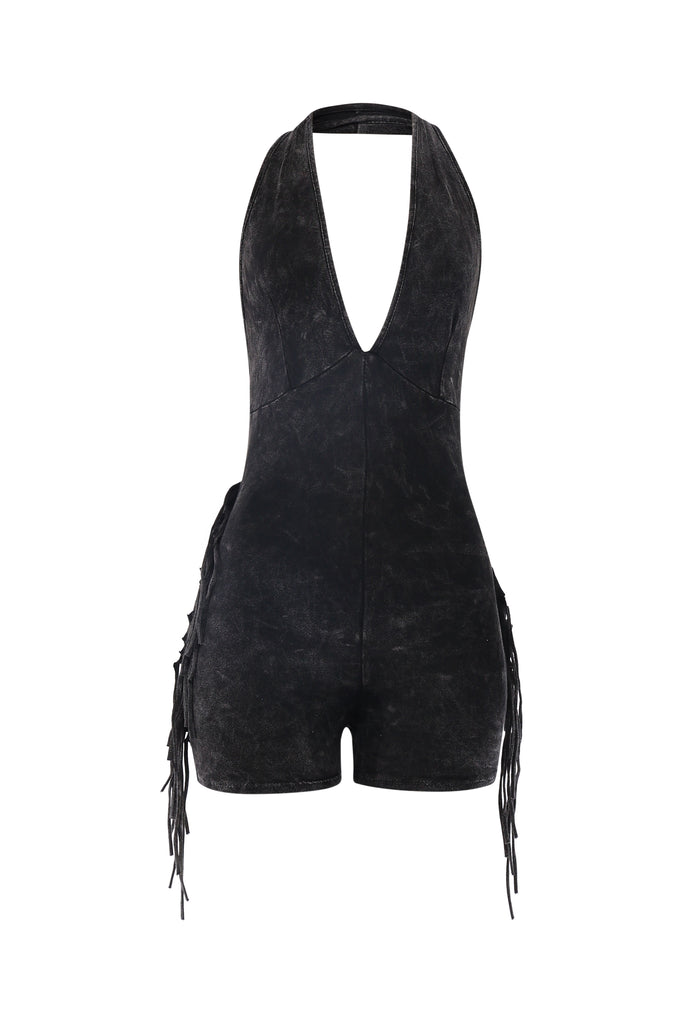 Black mineral washed halter romper with side fringe