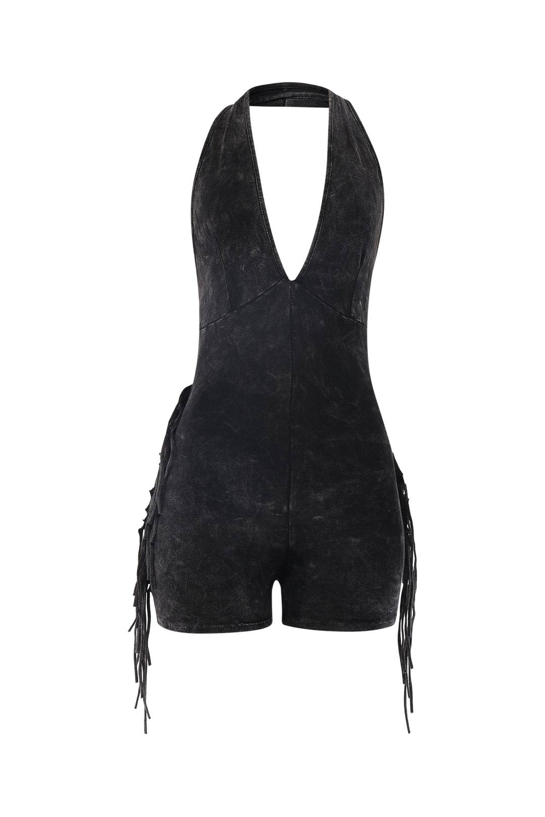 Black mineral washed halter romper with side fringe