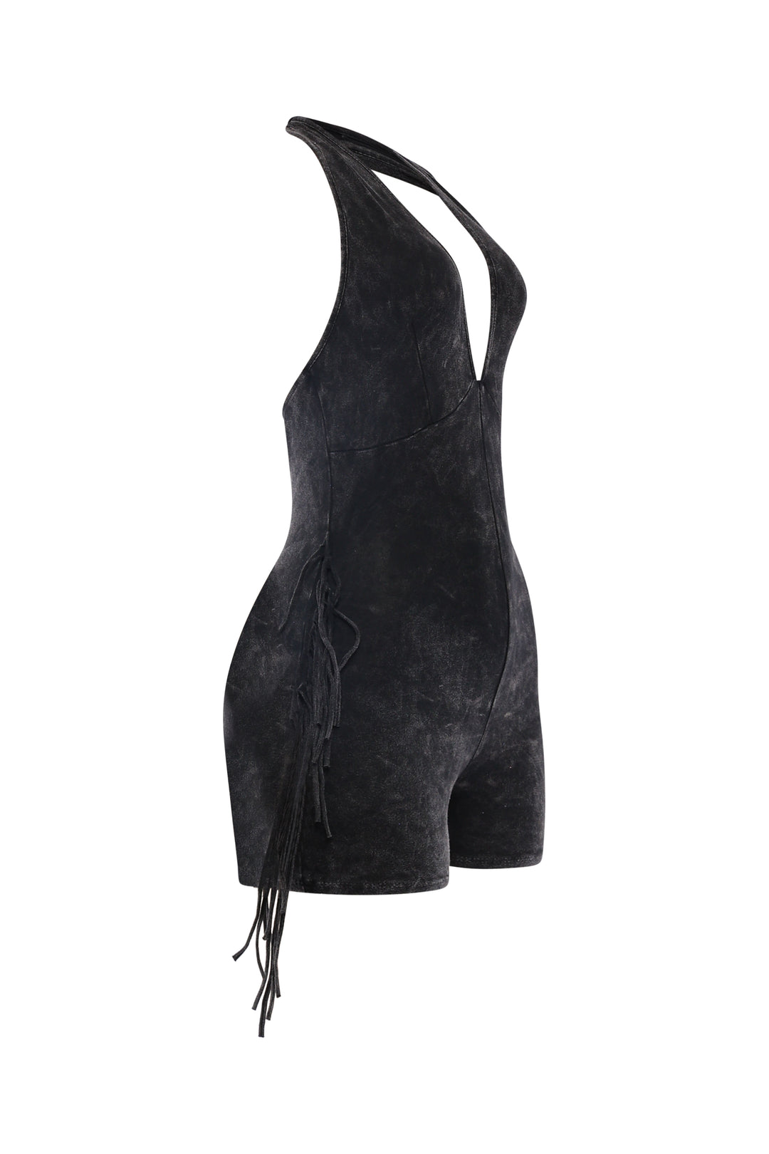 Black halter romper featuring open back and fringe detail