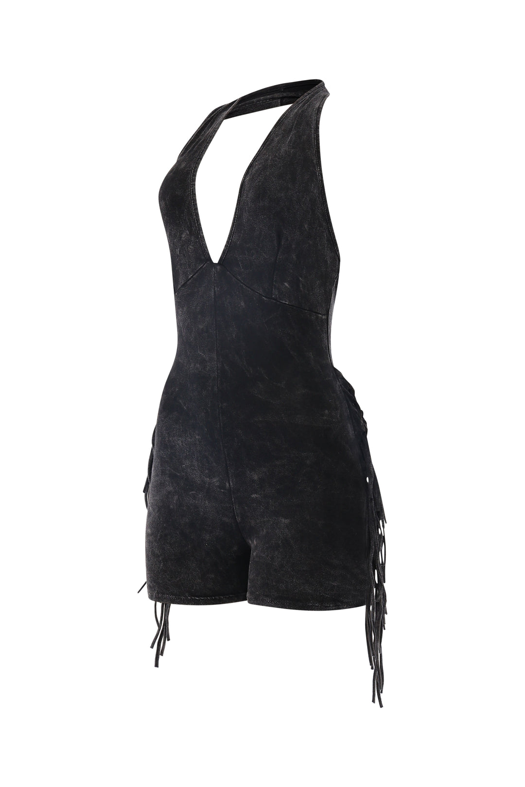 Black festival style romper with halter neck and unique wash