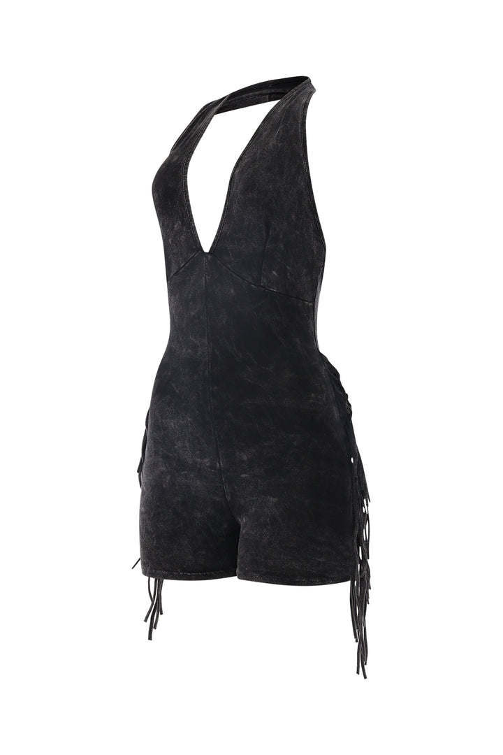 Black festival style romper with halter neck and unique wash
