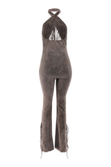 Olive slim-fit jumpsuit with flared hem