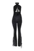 Black halter fringe jumpsuit with open back