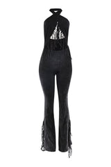 Black halter fringe jumpsuit with open back