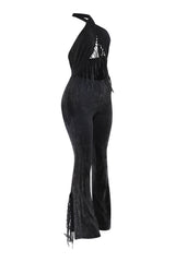 Mineral washed black jumpsuit with side fringe