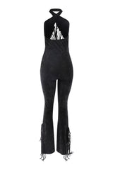 Black slim-fit jumpsuit with flared hem