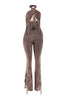 Brown halter fringe jumpsuit with open back