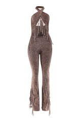 Brown halter fringe jumpsuit with open back