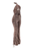 Mineral washed brown jumpsuit with side fringe