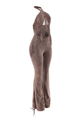 Mineral washed brown jumpsuit with side fringe