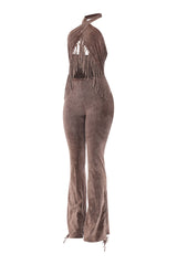 Chic brown fringe jumpsuit for parties